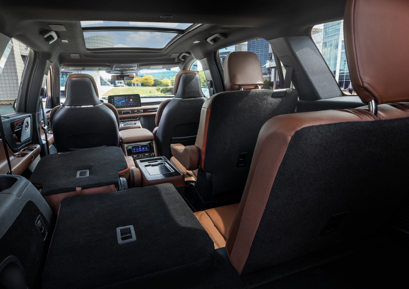 The interior of the 2025 Lincoln Aviator® SUV is shown with two seats folded down for added space. | Parks Lincoln of Wesley Chapel in Wesley Chapel FL